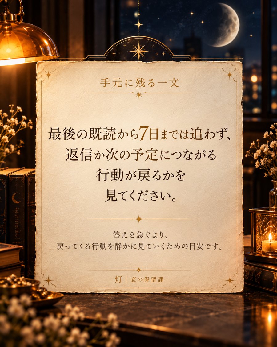 見本：手元に残る一文。最後の既読から7日までは追わず、返信か次の予定につながる行動が戻るかを見てください